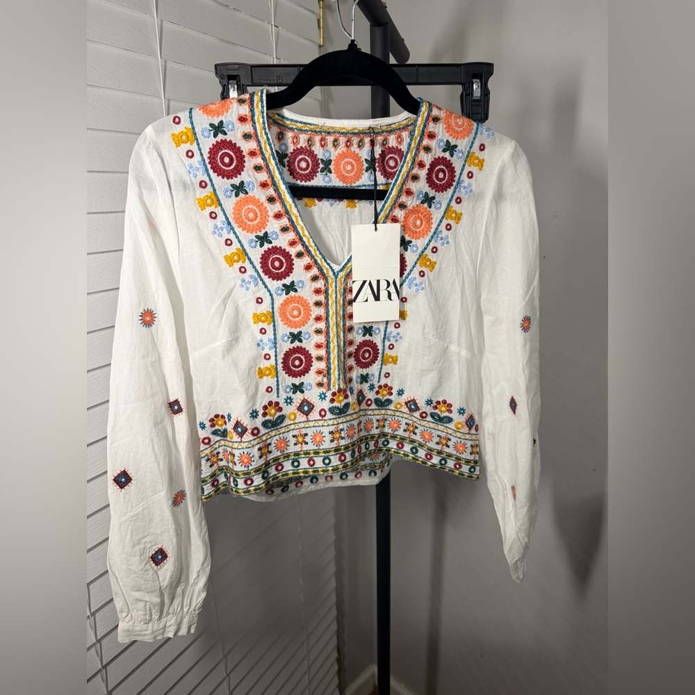 Zara White Embroidered Boho Top NWT